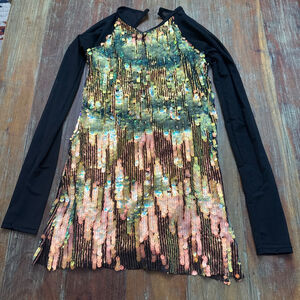 Weissman Black Long-Sleeve Dress with Iridescent Gold & Pink Sequins